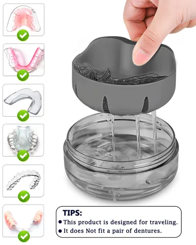 Vista 4 de Estuche de dentadura postiza, definitivamente sin fugas, caja de baño para dentadura para viajar perfectamente, taza de dentadura con colador y Negro