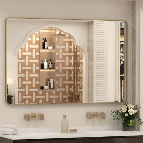 Vista 41 de Espejo rectangular para pared de baño de 20x30 pulgadas con marco negro mate, espejo de tocador con esquinas redondeadas, espejo de baño de metal