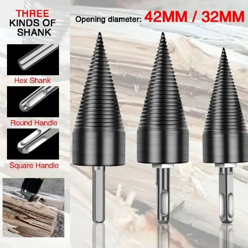 Vista 5 de Drill Bits Sets,Carving Tools,4pcs Firewood Log Splitter Wood Bit Heavy Duty Electric Drills Screw Cone Driver Removable 32mm + 3 Handles