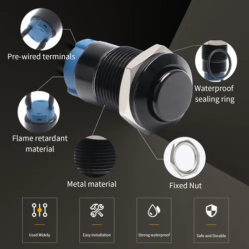 Vista 5 de STARELO 5 piezas 12 mm Interruptor de botón de cierre con carcasa negra y pre-cableado, interruptor de botón de presión impermeable IP65, aleación