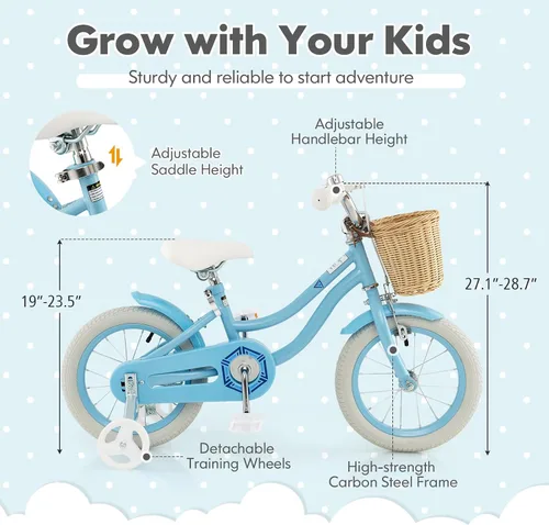 Vista 5 de COSTWAY Bicicleta para niños de 14, 16, 18 pulgadas, con ruedas de entrenamiento, canasta, asiento y manubrio ajustables, frenos de mano