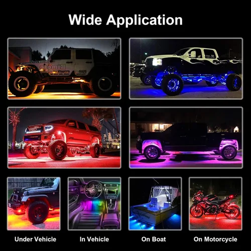 Vista 5 de RGB LED Rock Lights Underbody Wireless APP Music Chasing Offroad ATV 12V 12 Pods w/6PCS Cables de extensión