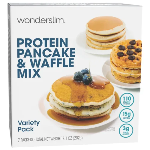 Vista 11 de Mezcla para panqueques y waffles de proteínas WonderSlim, sabor a arándano, baja en azúcar y calorías (7 unidades) High Protein Breakfast, 15g