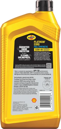 Vista 2 de Aceite de motor completamente sintético Platinum Euro 0W-40 de Pennzoil, 1 cuarto de galón