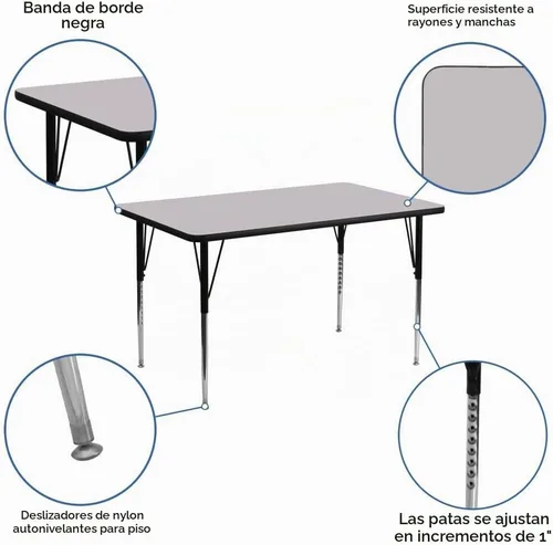 Vista 4 de Flash Furniture Mesa de actividades laminada térmica rectangular gris de 24 pulgadas de ancho x 48 pulgadas de largo, patas ajustables en altura