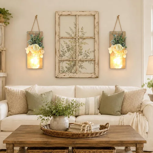 Vista 45 de Decoración rústica de madera para colgar en la pared con tira de luces LED para sala de estar y dormitorio modernos, estilo campestre inspirador