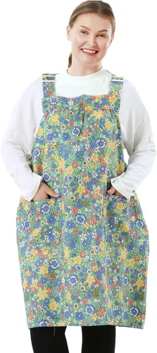 Vista 13 de Delantales sin lazos para mujer, talla grande, con bolsillos, de algodón, lino, para hornear, cocina, cocina