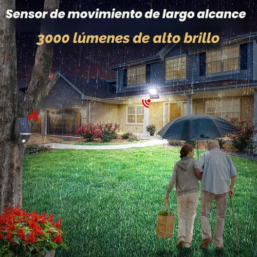 Vista 2 de intelamp Luces solares de inundación al aire libre impermeables, reflector de sensor de movimiento de 12000mAh 3000LM enlazable con control remoto