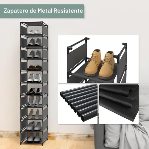 Vista 4 de Zapatero vertical estrecho y alto para entrada de puerta frontal, organizador de zapatos de metal resistente de 10 niveles para armario y entrada