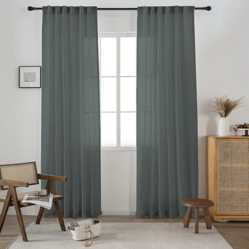Vista 30 de 2 paneles de cortinas de lino transparente natural de 45 pulgadas, color beige para ventanas pequeñas, bolsillo con pestaña trasera, cortinas cortas