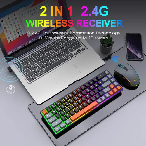 Vista 2 de Snpurdiri Combo de teclado y mouse inalámbricos 60% para juegos, batería recargable de 2000 mAh con retroiluminación arcoíris, mini teclado mecánico