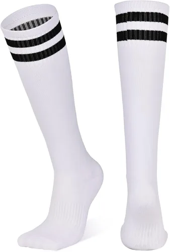 Vista 4 de Calcetines de fútbol para niños, 4 pares, a rayas altas hasta la rodilla, con soporte de tobillo para niños y niñas