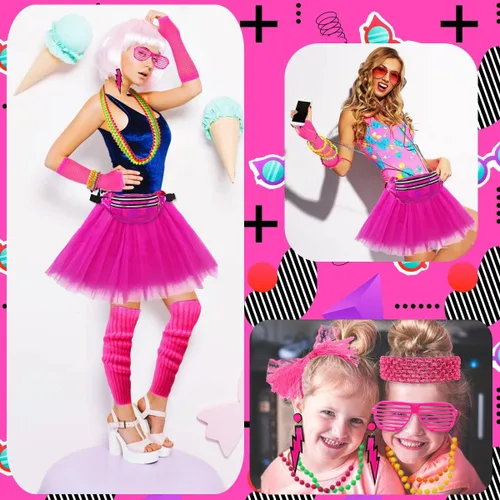 Vista 6 de WILDPARTY Accesorios de disfraz de los años 80 para mujer, 19 piezas, vestido retro de fiesta de los años 80, guantes de red, calentadores
