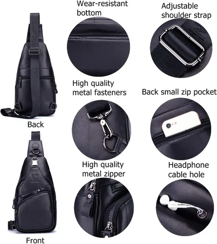 Vista 3 de BULLCAPTAIN Bolso bandolera de cuero para hombre, bolso cruzado casual para el pecho, mochila de viaje
