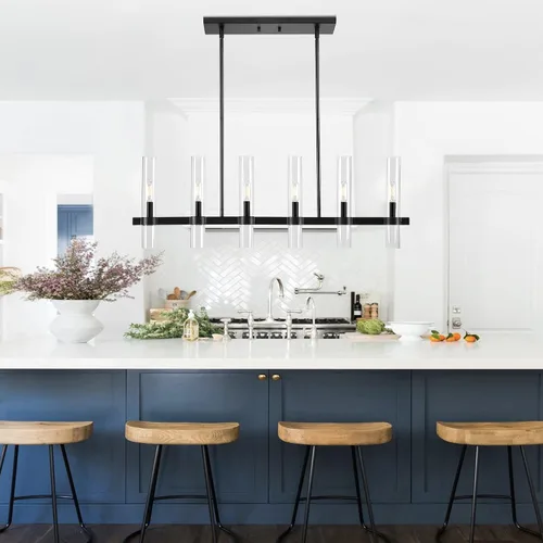 Vista 8 de Untrammelife Lámpara de Isla Lineal Moderna, Candelabro Grande Negro de 6 Luces de 36" de Ancho, Lámpara Colgante Rectangular con Pantalla de Vidrio