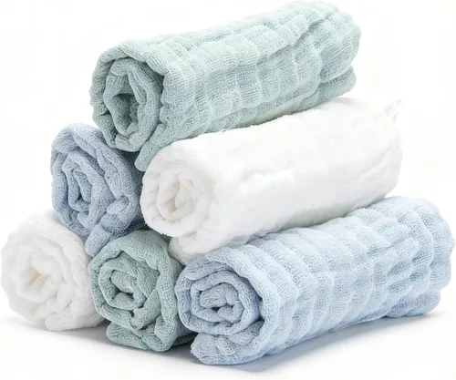 Vista 10 de Toallitas de muselina orgánicas para bebé, paquete de 6, toalla de baño y cara de 12x12 pulgadas, extra absorbente y suave, para bebés recién Azul