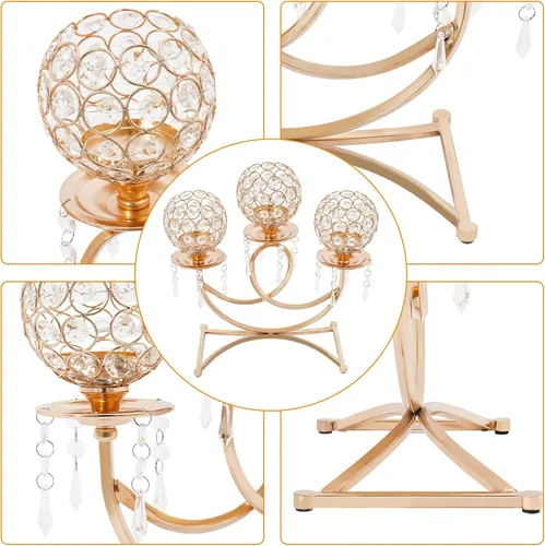 Vista 4 de Portavelas de cristal con 3 brazos, cuenco de cristal dorado, candelabro, centros de mesa para comedor, sala de estar, candelabros, velas de té