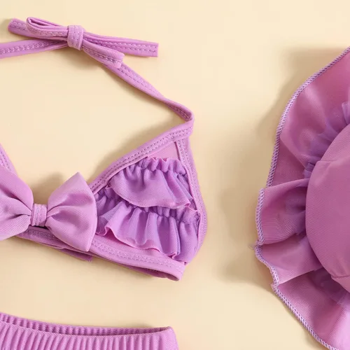 Vista 8 de Yccutest Traje de baño de flores para bebé, 3 piezas, parte superior triangular, parte inferior con volantes, sombrero para el sol, conjunto