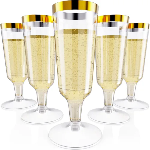 Vista 10 de JOLLY CHEF Paquete de 100 copas de champán de plástico desechables de 4.5 onzas con purpurina dorada para boda, día de Acción de Gracias, Navidad