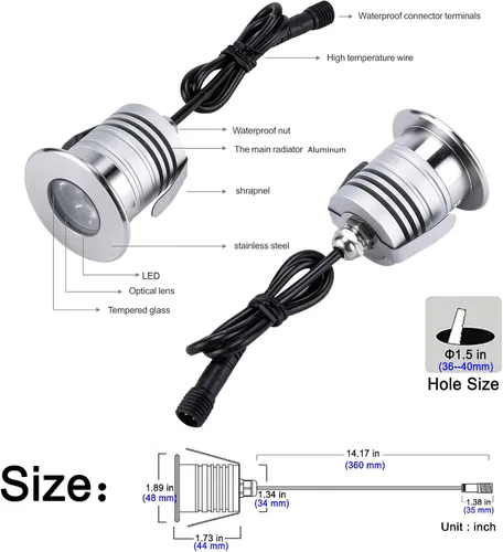 Vista 2 de Luces LED subacuáticas para piscina, 3 W, 12 V-24 V CC, IP68 impermeable, aluminio de acero inoxidable, lámpara para piscinas enterradas, estanques
