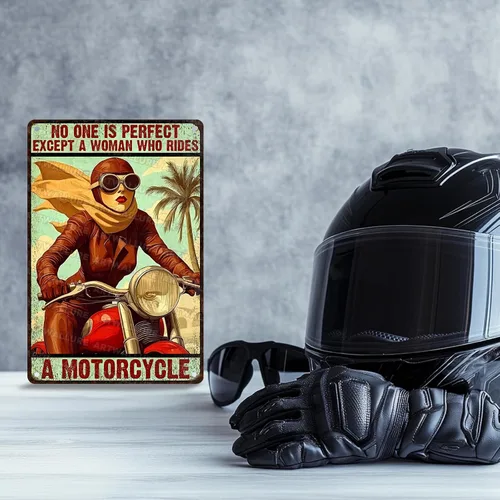 Vista 6 de ARTWALLURE Letrero de metal vintage de motocicletas con texto en inglés «Girl Biker No One is Perfect Except Woman Rides» para cafetería, bar