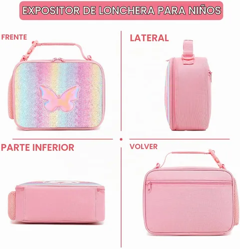 Vista 8 de Lonchera con diseño de mariposa para niñas y niños, lonchera aislada con diseño de arco iris con asa de clip, lonchera a prueba de fugas con Rainbow
