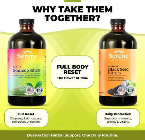 Vista 3 de Serene Herbs Paquete de líquido amargo de guanábana y semillas negras – Guanábana herbal orgánica para apoyo digestivo y salud inmunológica