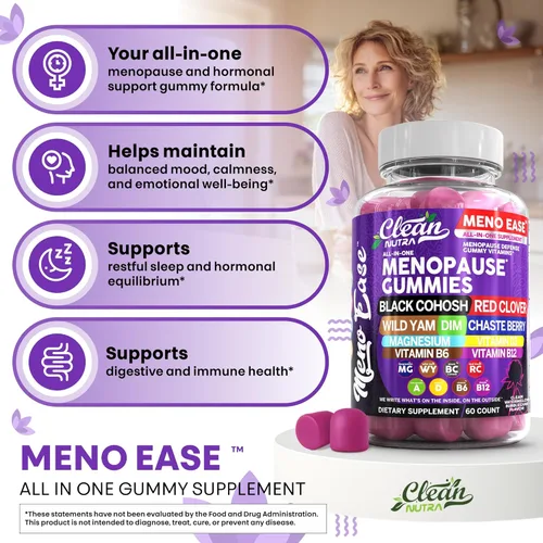 Vista 8 de Suplemento para la menopausia para mujeres en gomitas con cohosh negro, ñame silvestre, DIM, magnesio, trébol rojo, agracejo para el equilibrio