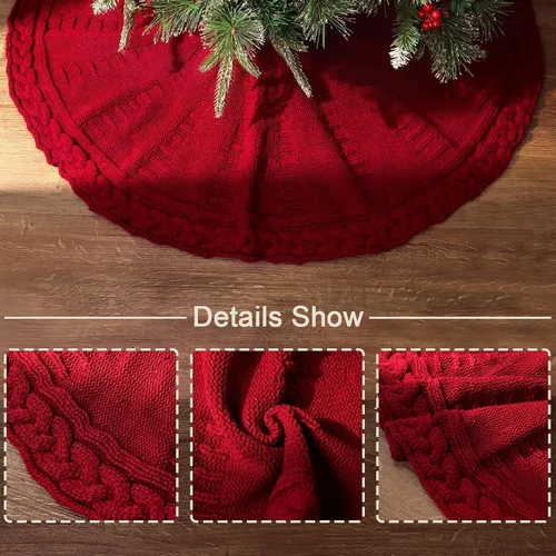 Vista 3 de Falda de árbol de Navidad de 36 pulgadas: falda de árbol de 6 pies, falda de árbol pequeño de punto trenzado color rojo vino, faldas de árbol