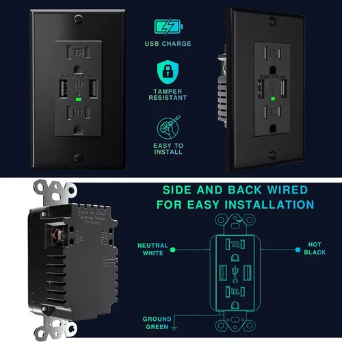 Vista 5 de Dependable Direct - 2 puertos USB de alta velocidad 4.8A y 15 A dúplex, resistencia a la manipulación y receptáculo de pared, incluye placa de pared