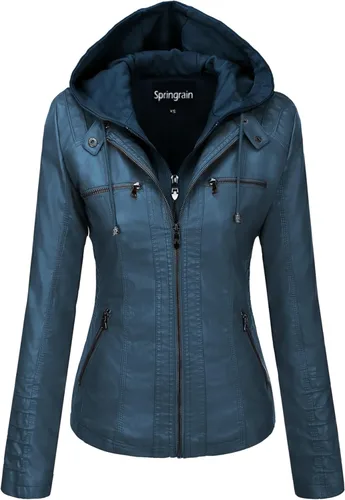 Vista 12 de Springrain Chaqueta de motociclista de cuero sintético para mujer con capucha desmontable Albaricoque