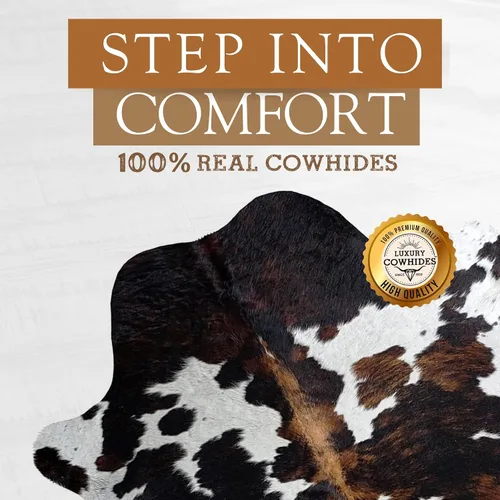 Vista 3 de Sunshine Cowhides Alfombra de piel de vaca tricolor 100% auténtica, alfombra de estilo moderno de piel de animal y alfombra para sala de estar