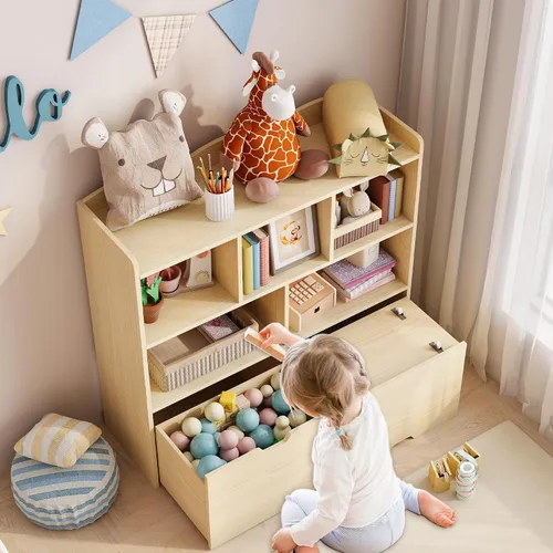 Vista 4 de GarveeHome Estante de almacenamiento de juguetes, estantería para niños, estante de lectura con cajones móviles, caja organizadora de almacenamiento