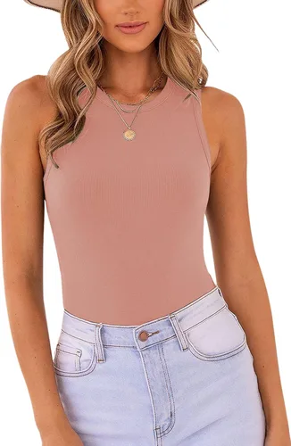 Vista 4 de MISSJOY - Camiseta básica sin mangas para mujer, con espalda cruzada y cuello halter acanalado 1-ejército verde blanco