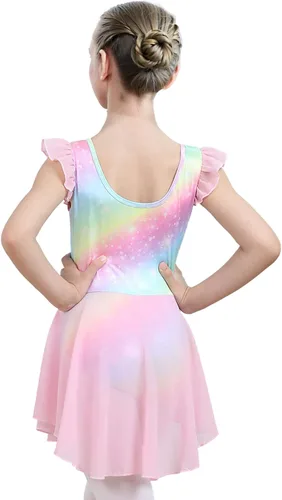 Vista 8 de iLover Vestido de leotardo clásico con tutú y mangas con volantes para niñas, para danza, gimnasia y ballet
