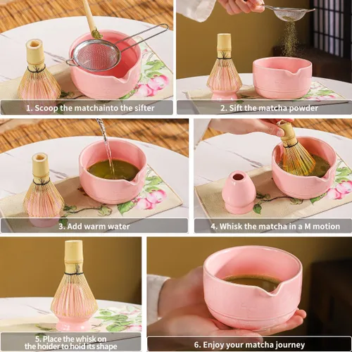 Vista 3 de Juego de matcha, 8 piezas de cerámica Matcha Bowl & Whisk Kit con patrón de setas, chawan japonés tradicional, persecución de bambú, cuchara