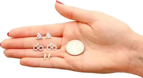 Vista 5 de Harry Potter Aretes para mujer, paquete de 3, licencia oficial chapados en oro o plata, reliquias de la muerte y pernos de rayo, Latón, No es una
