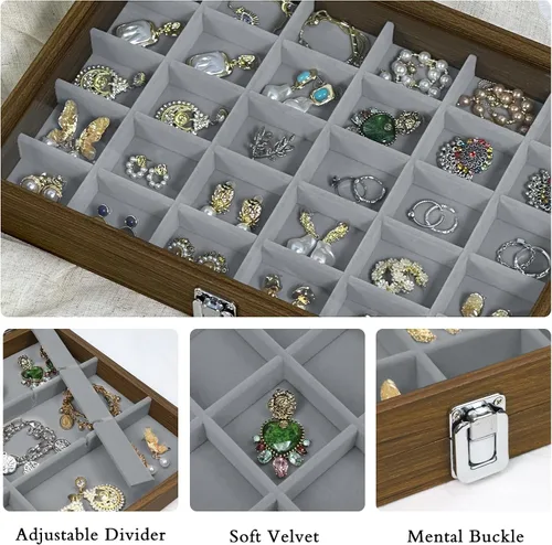 Vista 2 de Stratalife Organizador de joyas de madera con 30 rejillas, bandeja para aretes, caja de anillos, organizador de aretes con tapa transparente