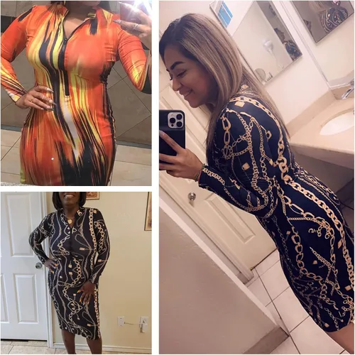Vista 4 de Body Con Dress Women Long Sleeve Zipper Sexy V Neck Tie Dye Fall Bodycon Midi Stretchy Pencil Date Night Dresses for Women