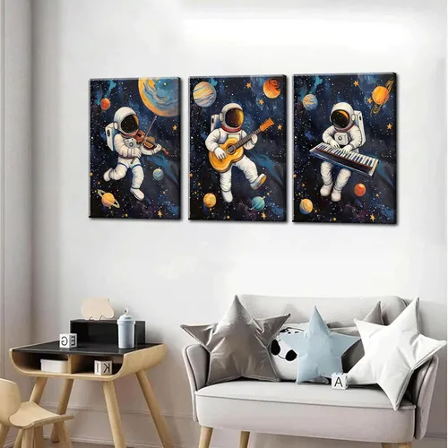 Vista 4 de 3 piezas de arte de pared de astronauta espacial musiic lienzo lindo astronauta músico decoración imágenes divertidas piano guitarra violín carteles