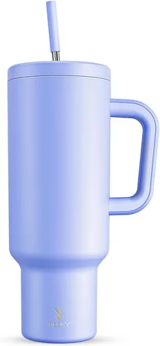 Vista 58 de Meoky - Vaso de 30 oz con asa, tapa y pajilla, taza de viaje térmica de acero inoxidable 100% a prueba de fugas, para portavasos, mantiene el frío
