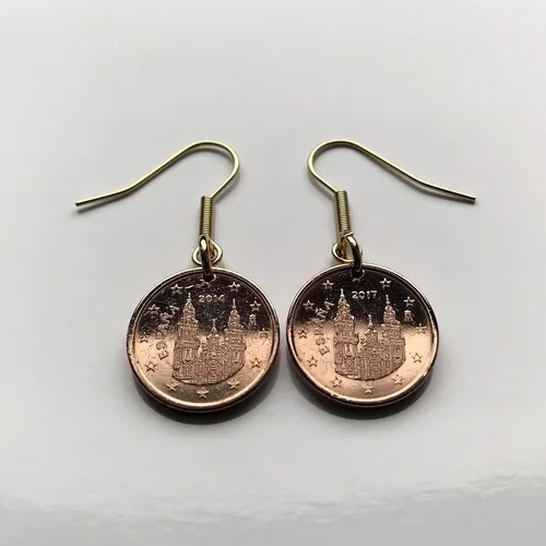 Vista 2 de España Spain 1 Euro Cent coin earrings Santiago de Compostela cathedral apostle Lugo Way of Saint James the Great Catholic church Iglesia Camino