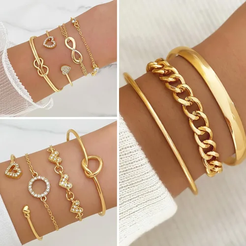 Vista 4 de VKME Juego de 45 piezas de joyería dorada para mujeres y niñas, aretes colgantes delicados, elegantes anillos de nudillos, pulseras y collares