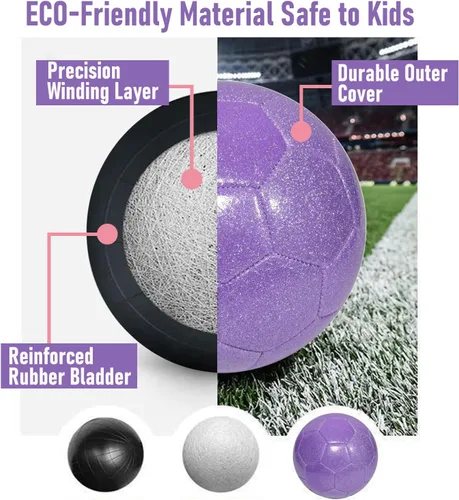 Vista 3 de Juego de pelota de fútbol con purpurina con inflador, tamaño 3, 4, 5, bolas de entrenamiento rosa dorado y morado para jóvenes, adolescentes