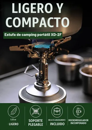 Vista 2 de CAMPINGMOON Estufa portátil compacta plegable con tapa de cartucho con micro regulador con 4Flex con encendedor XD-2F (Plata)