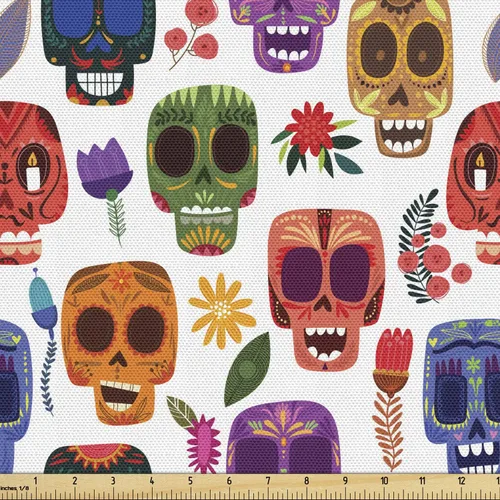 Vista 91 de Ambesonne The Yard, tela de calavera colorida con temática de Halloween, diseño de calavera y huesos cruzados, divertido estampado de dibujos