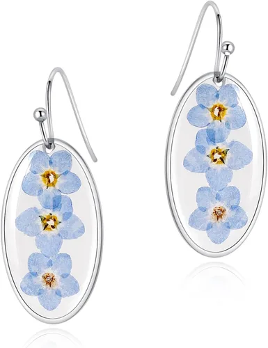 Vista 6 de Pendientes de flores prensadas, hechos a mano, con flores de olvidémino y encaje de la reina Ana, flores silvestres únicas de resina seca, perfectos