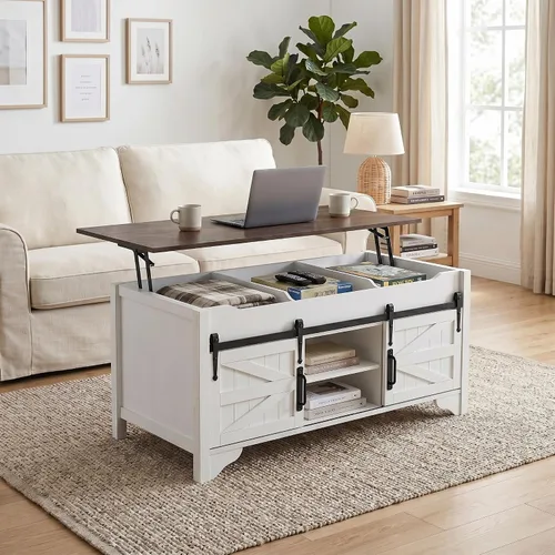 Vista 3 de Mesa auxiliar de 48 pulgadas de ancho con puerta corrediza de granero, mesas de café rectangulares rústicas, mesa central de madera con Blanco