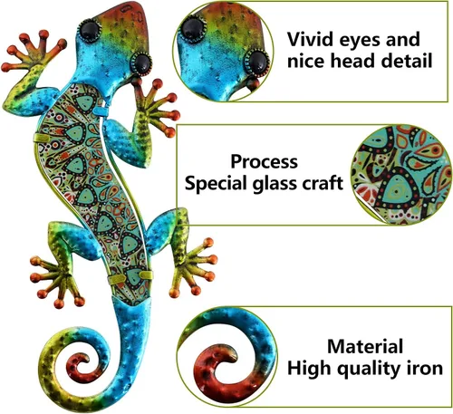 Vista 2 de HONGLAND 2 piezas de metal Gecko decoración de pared lagarto jardín arte escultura de vidrio colgante para valla de patio interior y exterior