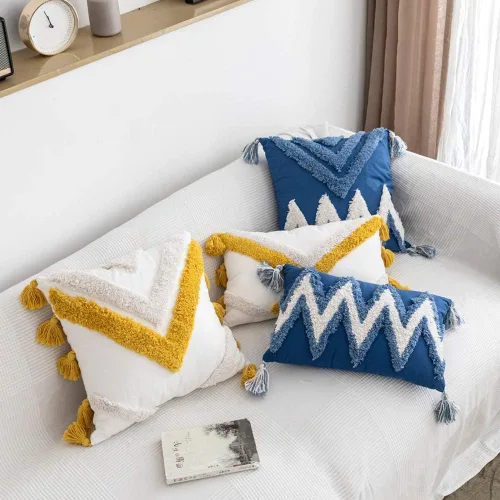Vista 4 de vctops Fundas de almohada con bordado geométrico de 18 x 18 pulgadas, lona de algodón tejida con borlas, decoración del hogar